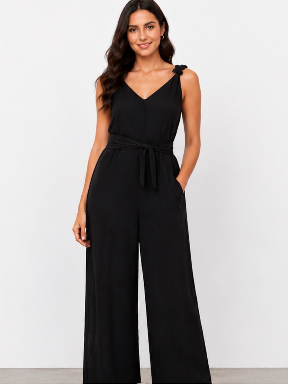 SHEIN Black V-Neck Wide-Leg Jumpsuit with Tie Waist and Knot Shoulder Straps